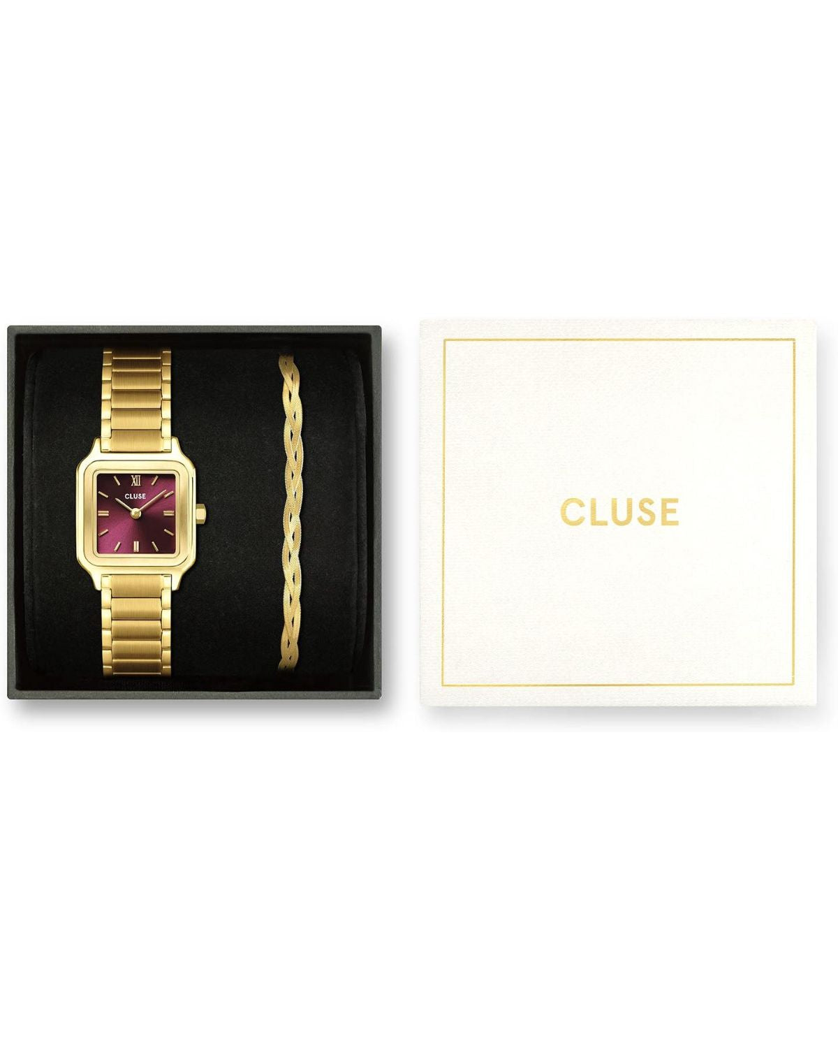 Gift Box Gracieuse Petite Watch Steel, Dark Cherry & Braided Snake Bracelet, Gold Colour