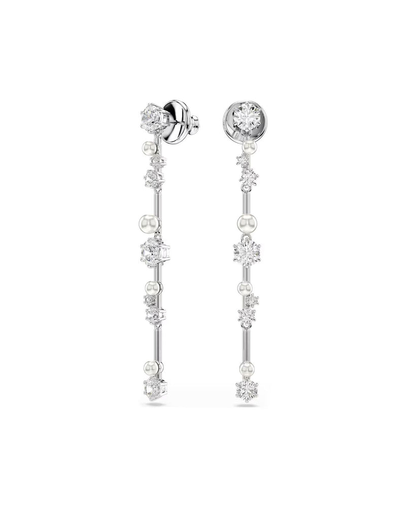 Constella drop earrings Crystal pearl, Round cuts, White, Rhodium plated