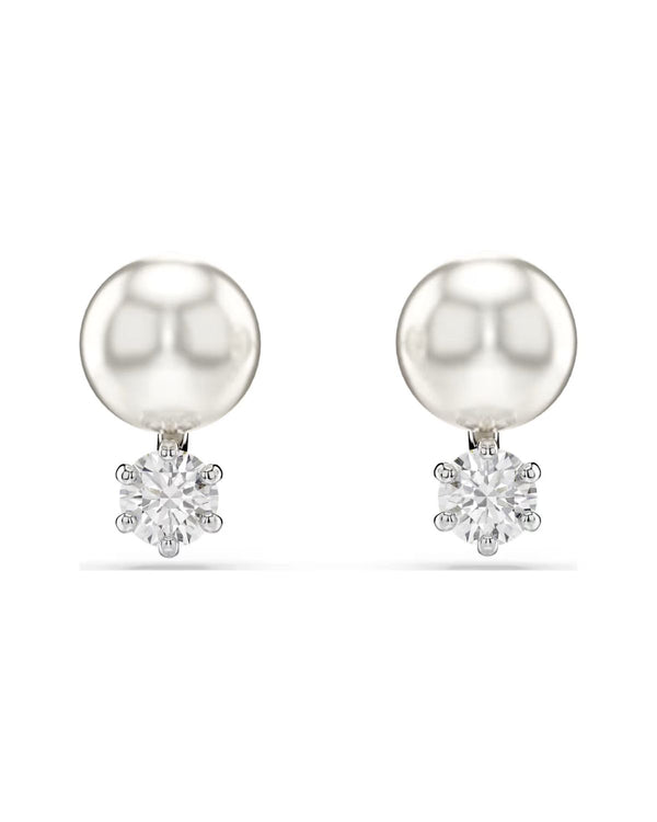 Matrix stud earrings Crystal pearl, Round cut, White, Rhodium plated