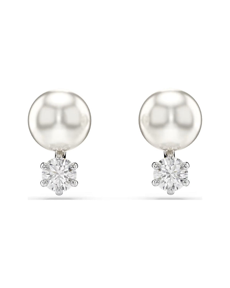 Matrix stud earrings Crystal pearl, Round cut, White, Rhodium plated