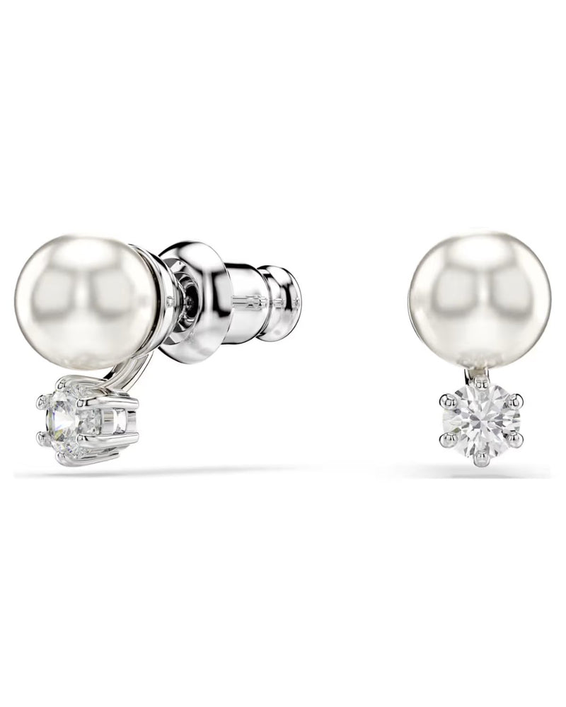 Matrix stud earrings Crystal pearl, Round cut, White, Rhodium plated