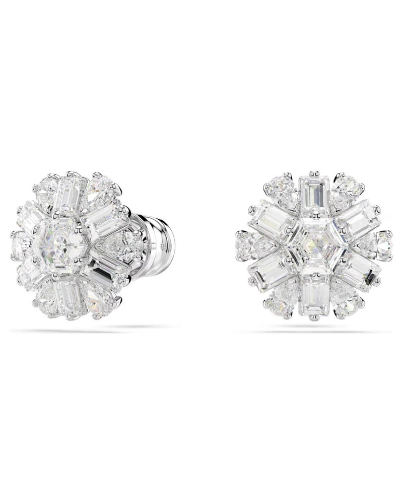 Idyllia stud earrings Mixed cuts, Snowflake, White, Rhodium plated