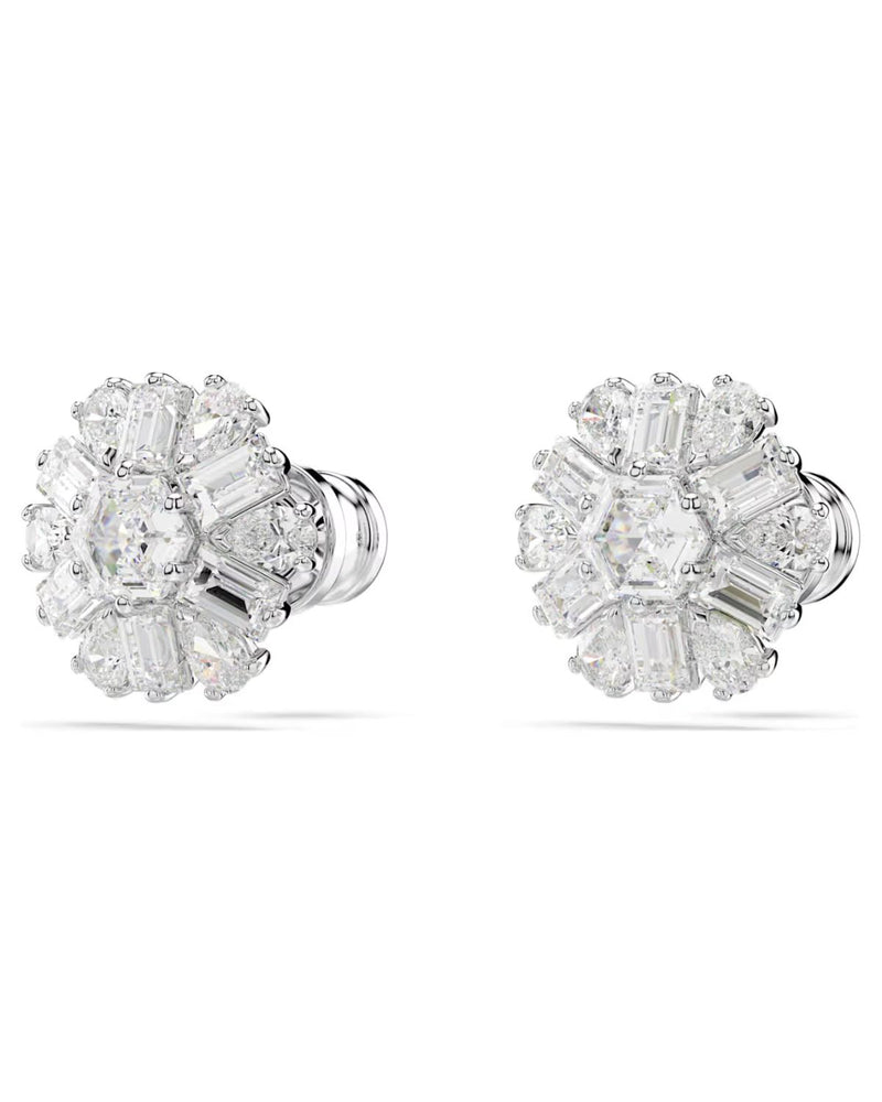 Idyllia stud earrings Mixed cuts, Snowflake, White, Rhodium plated