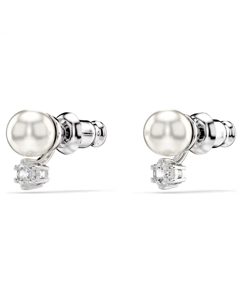 Matrix stud earrings Crystal pearl, Round cut, White, Rhodium plated