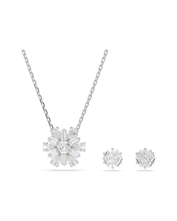 Idyllia set Mixed cuts, Snowflake, White, Rhodium plated