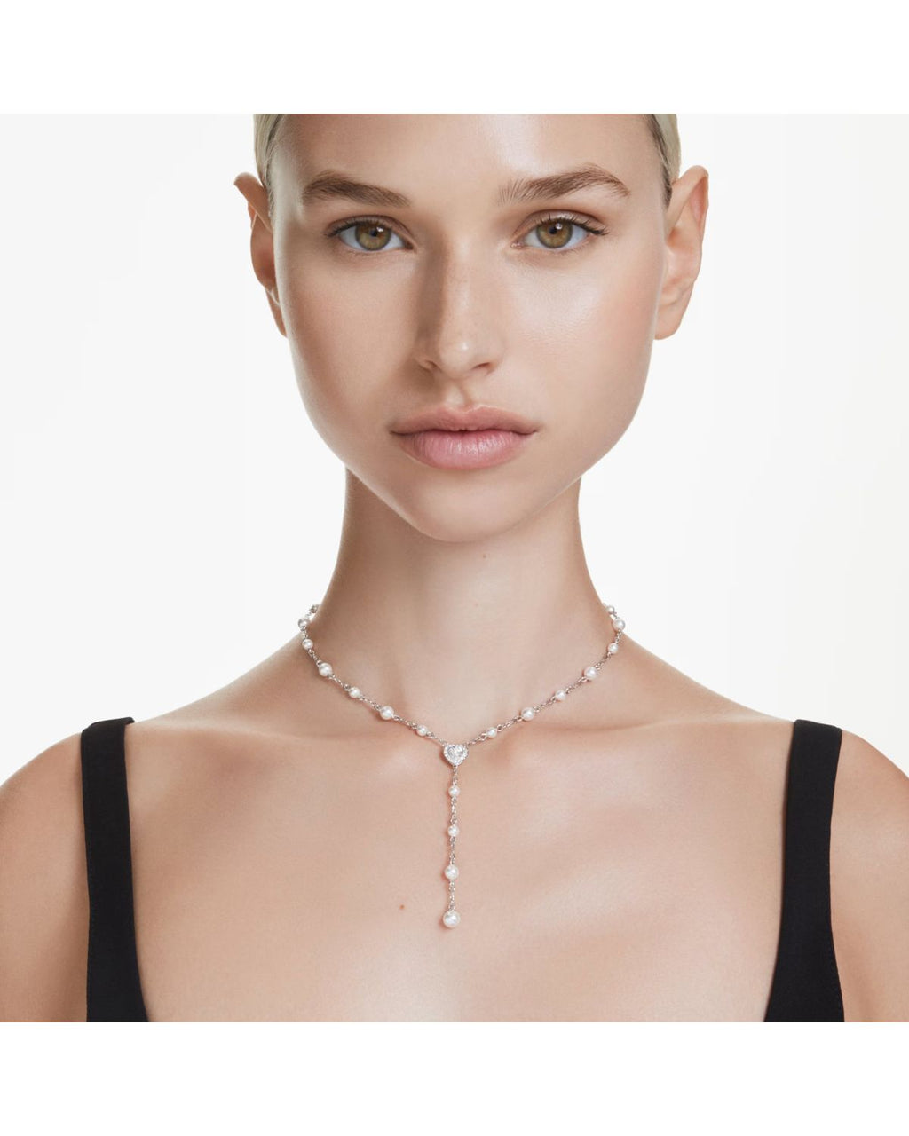 Ariana Grande x Swarovski Y necklace Mixed cuts, Crystal pearl, Heart, White, Rhodium plated 5720855