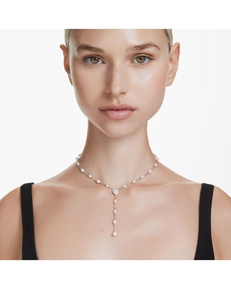 Ariana Grande x Swarovski Y necklace Mixed cuts, Crystal pearl, Heart, White, Rhodium plated