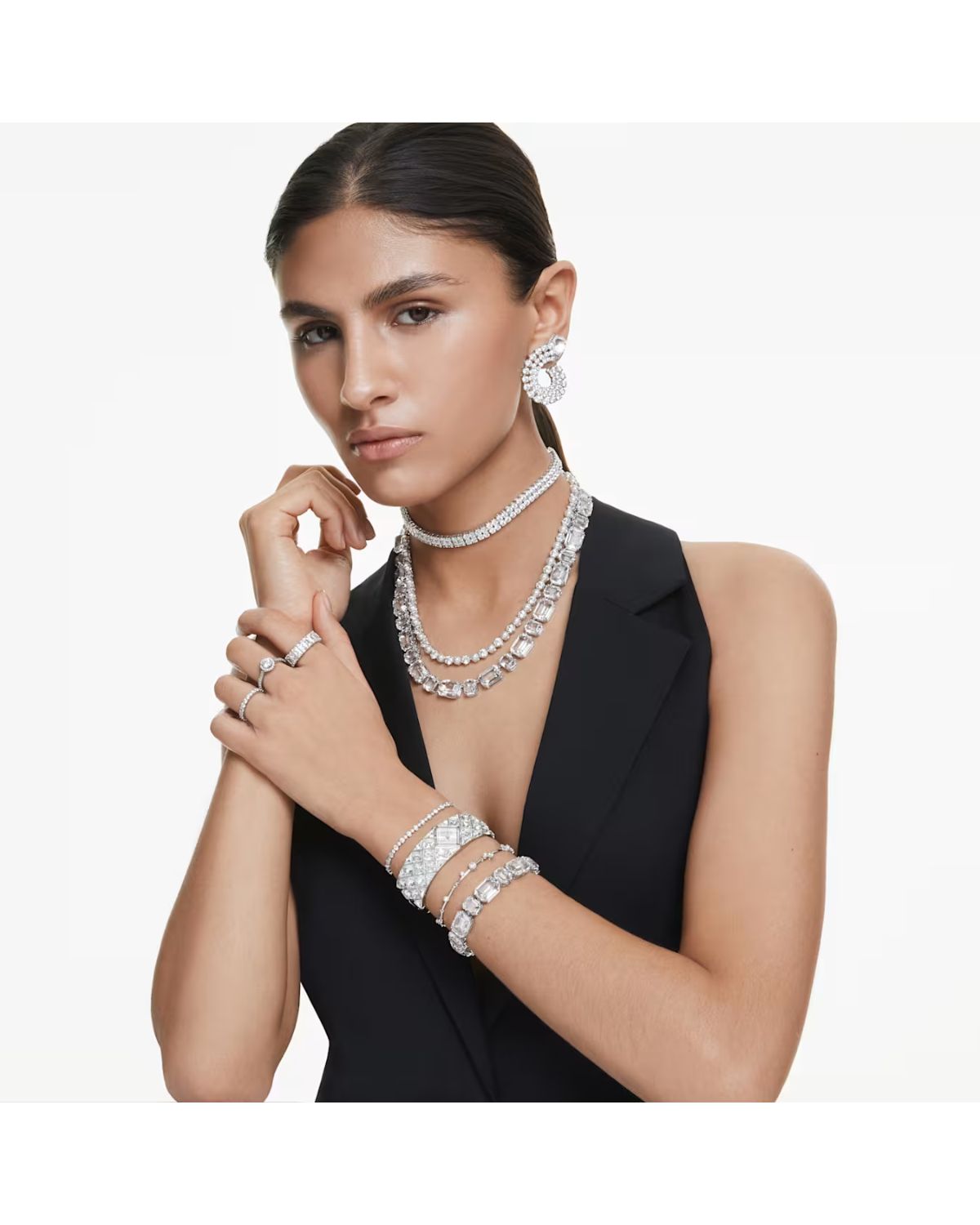 Matrix Tennis necklace Crystal pearl, Round cut, White, Rhodium plated 5689623