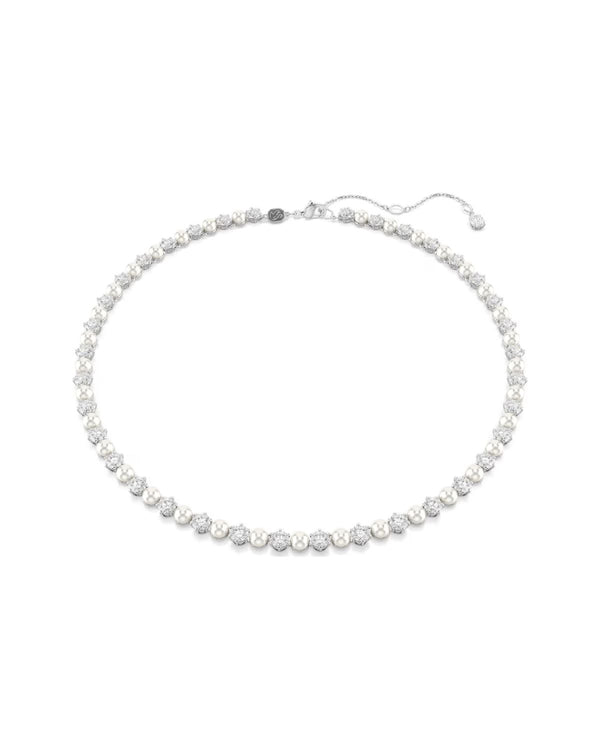 Matrix Tennis necklace Crystal pearl, Round cut, White, Rhodium plated