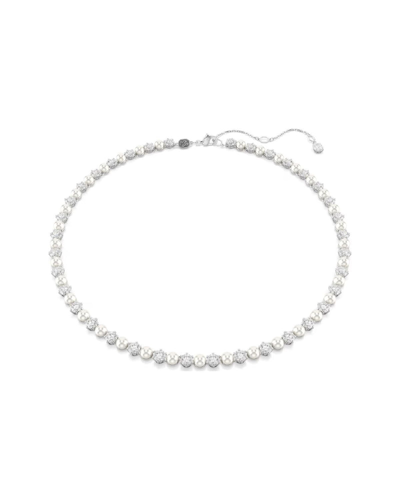 Matrix Tennis necklace Crystal pearl, Round cut, White, Rhodium plated