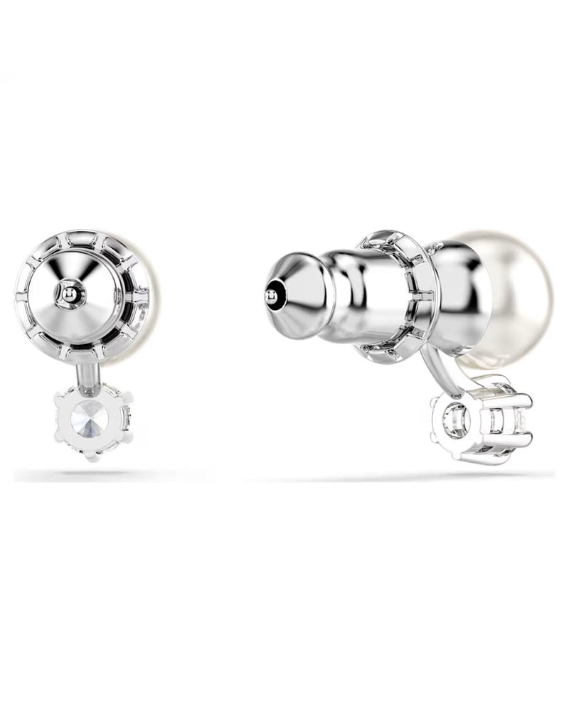 Matrix stud earrings Crystal pearl, Round cut, White, Rhodium plated