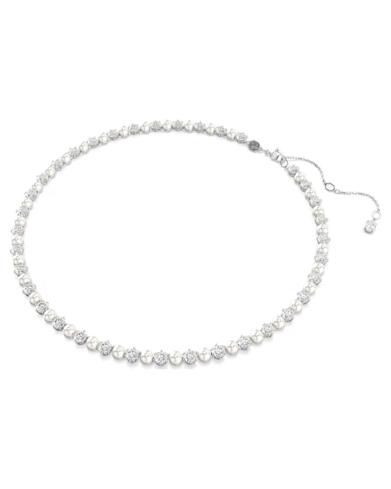 Matrix Tennis necklace Crystal pearl, Round cut, White, Rhodium plated