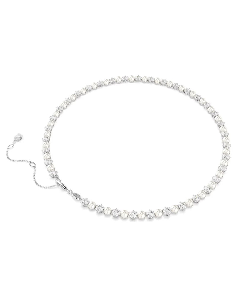 Matrix Tennis necklace Crystal pearl, Round cut, White, Rhodium plated