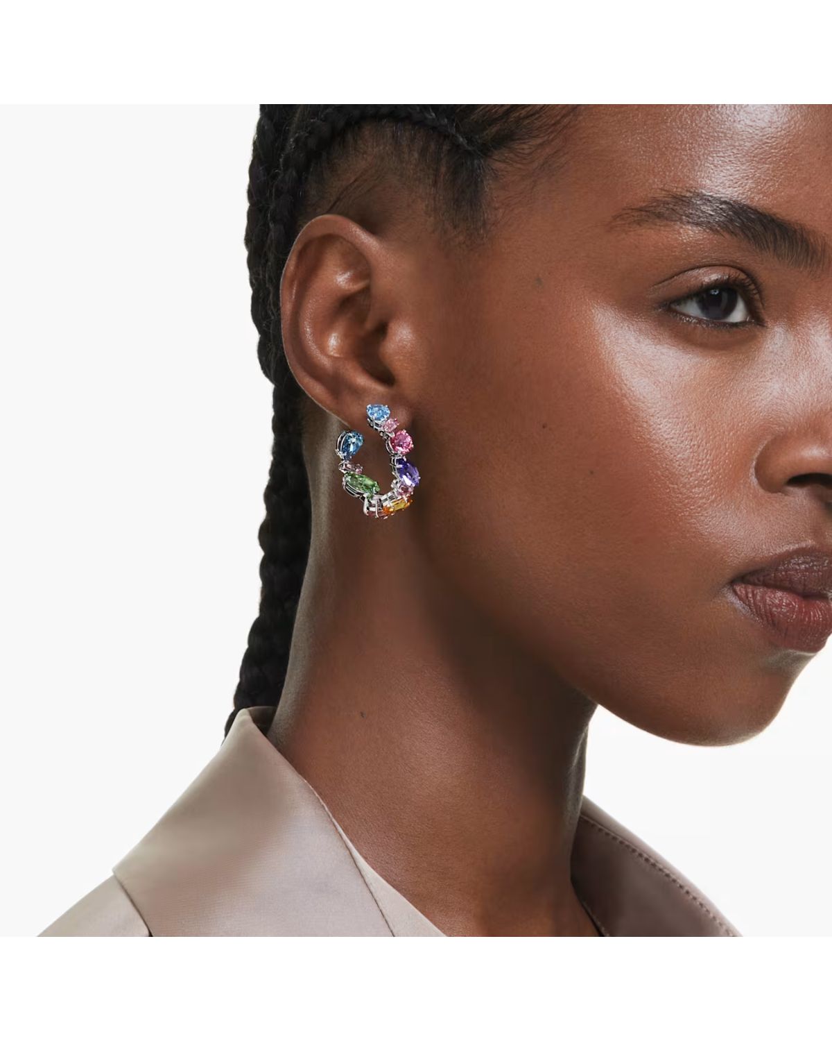 Gema hoop earrings Asymmetrical design, Mixed cuts, Small, Multicoloured, Rhodium plated 5692412