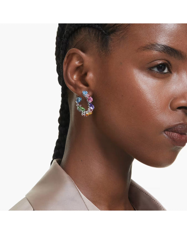 Gema hoop earrings Asymmetrical design, Mixed cuts, Small, Multicoloured, Rhodium plated