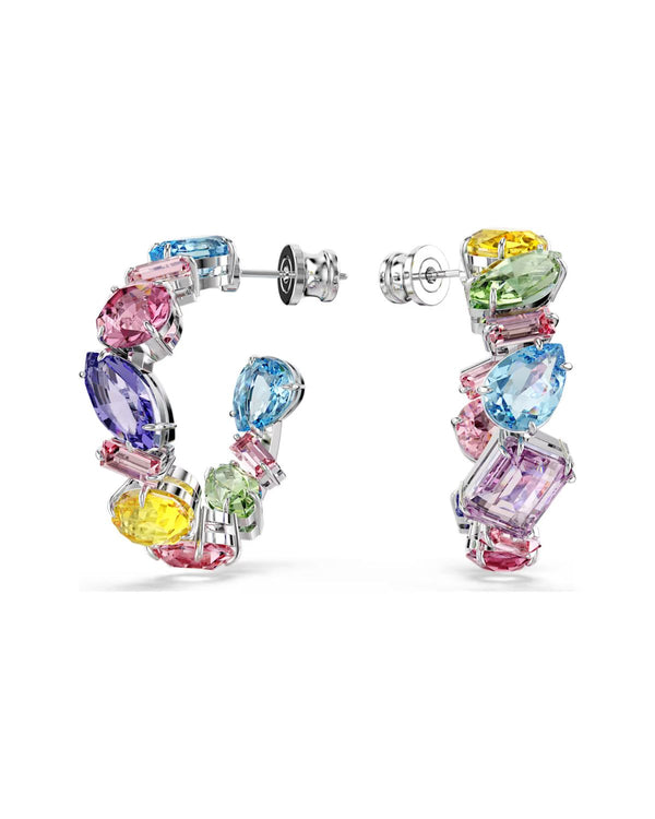 Gema hoop earrings Asymmetrical design, Mixed cuts, Small, Multicoloured, Rhodium plated