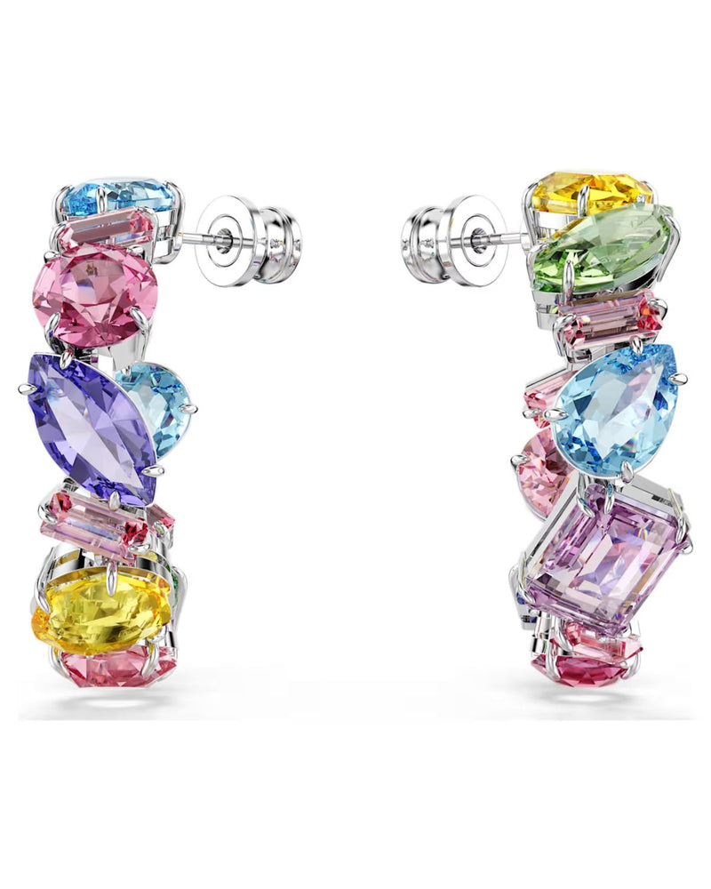 Gema hoop earrings Asymmetrical design, Mixed cuts, Small, Multicoloured, Rhodium plated