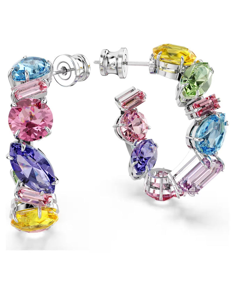 Gema hoop earrings Asymmetrical design, Mixed cuts, Small, Multicoloured, Rhodium plated