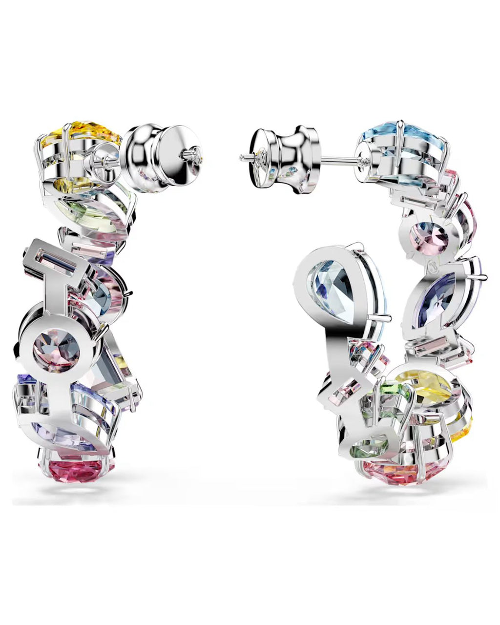Gema hoop earrings Asymmetrical design, Mixed cuts, Small, Multicoloured, Rhodium plated 5692412