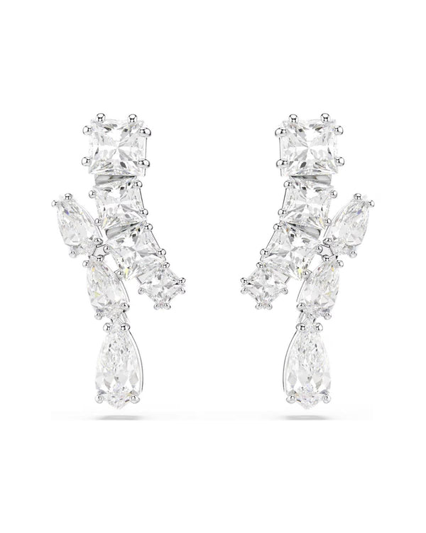 Matrix drop earrings Mixed cuts, White, Rhodium plated