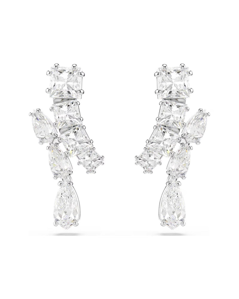 Matrix drop earrings Mixed cuts, White, Rhodium plated