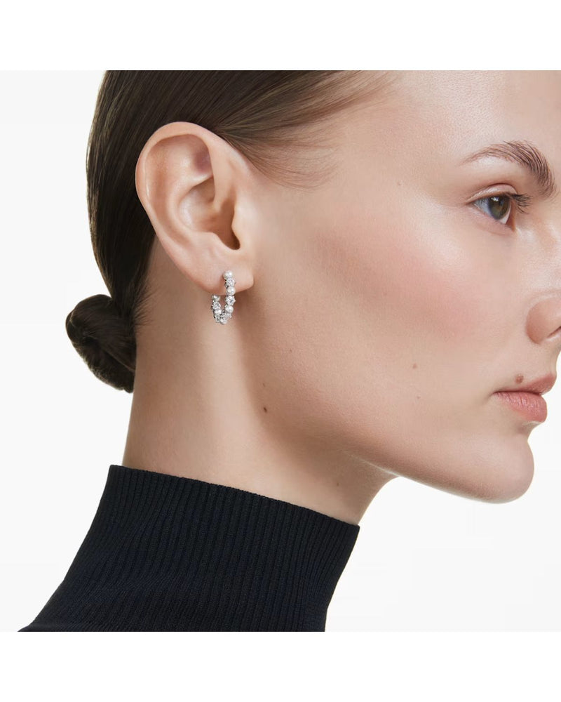 Matrix hoop earrings Crystal pearl, Round cut, White, Rhodium plated