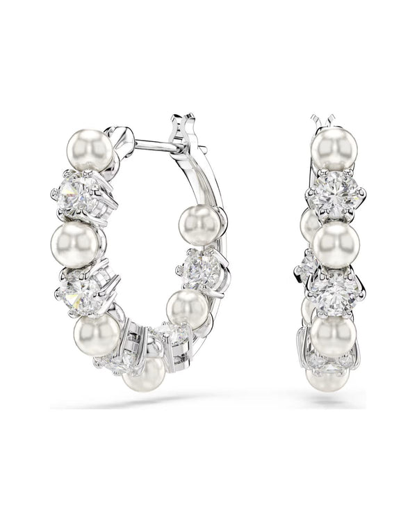 Matrix hoop earrings Crystal pearl, Round cut, White, Rhodium plated