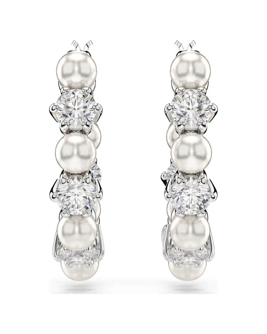 Matrix hoop earrings Crystal pearl, Round cut, White, Rhodium plated 5709256