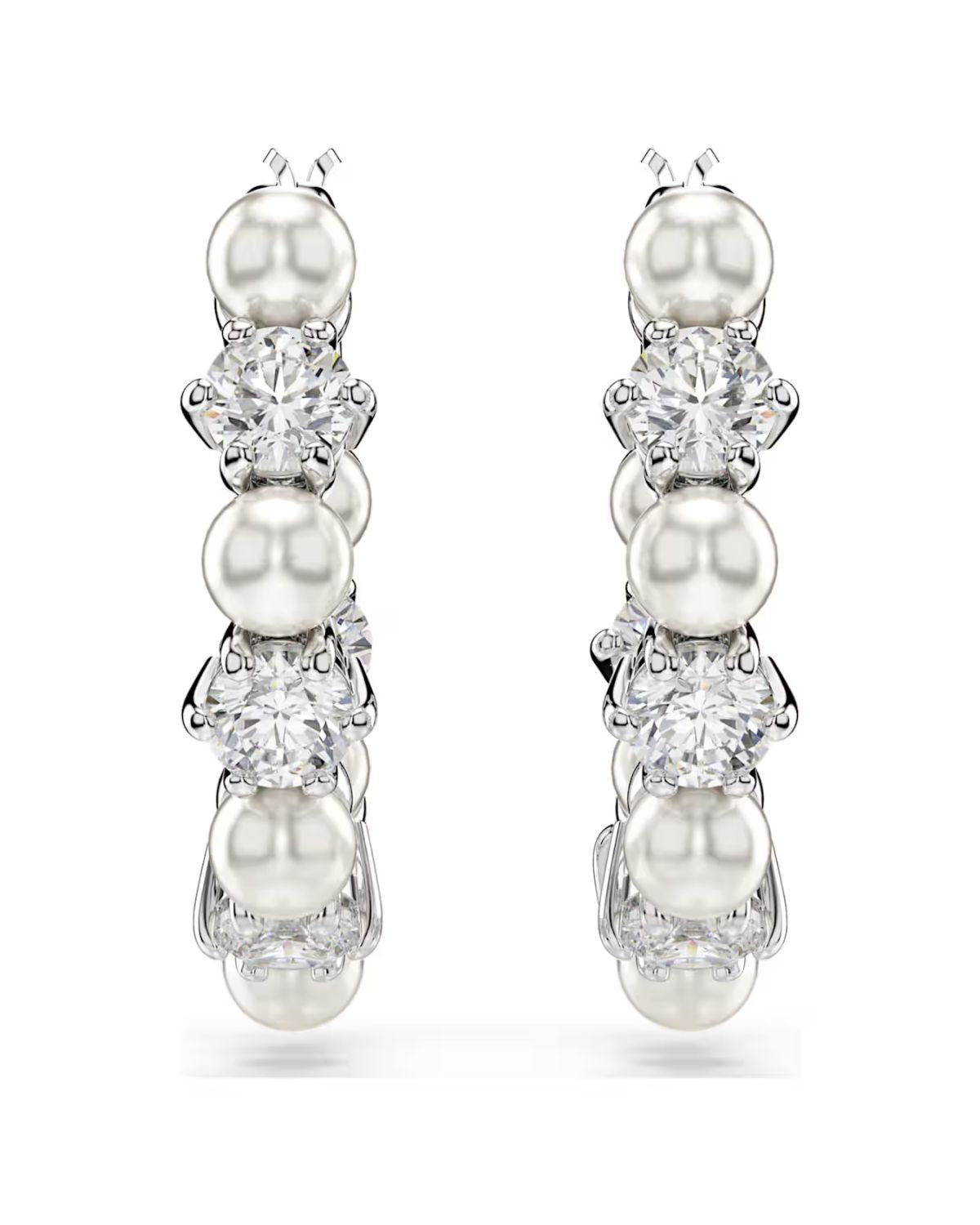 Matrix hoop earrings Crystal pearl, Round cut, White, Rhodium plated 5709256