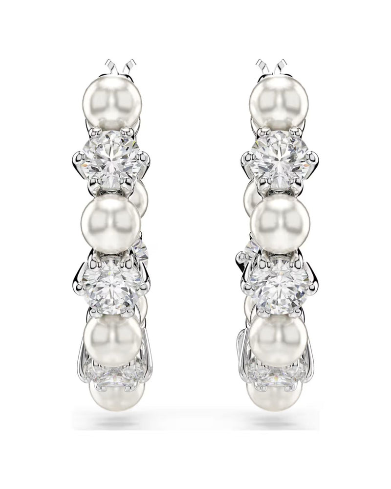 Matrix hoop earrings Crystal pearl, Round cut, White, Rhodium plated