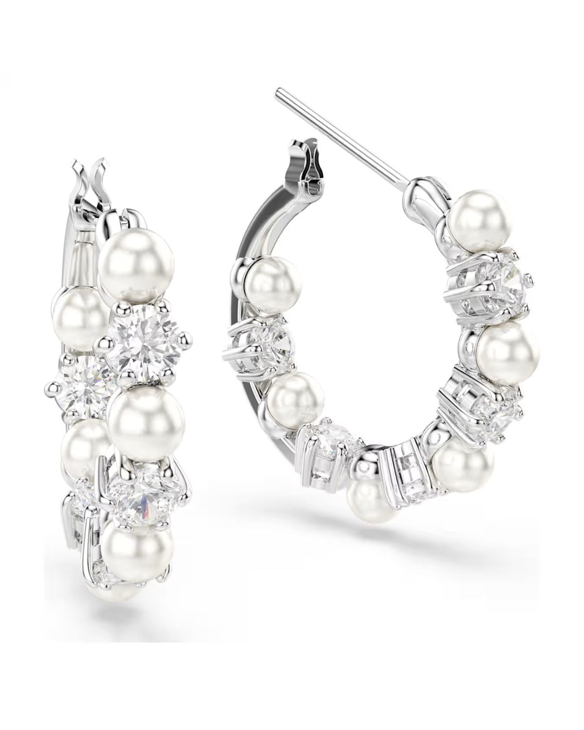 Matrix hoop earrings Crystal pearl, Round cut, White, Rhodium plated 5709256