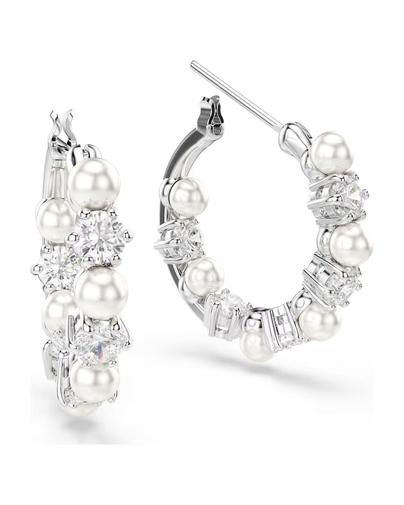 Matrix hoop earrings Crystal pearl, Round cut, White, Rhodium plated