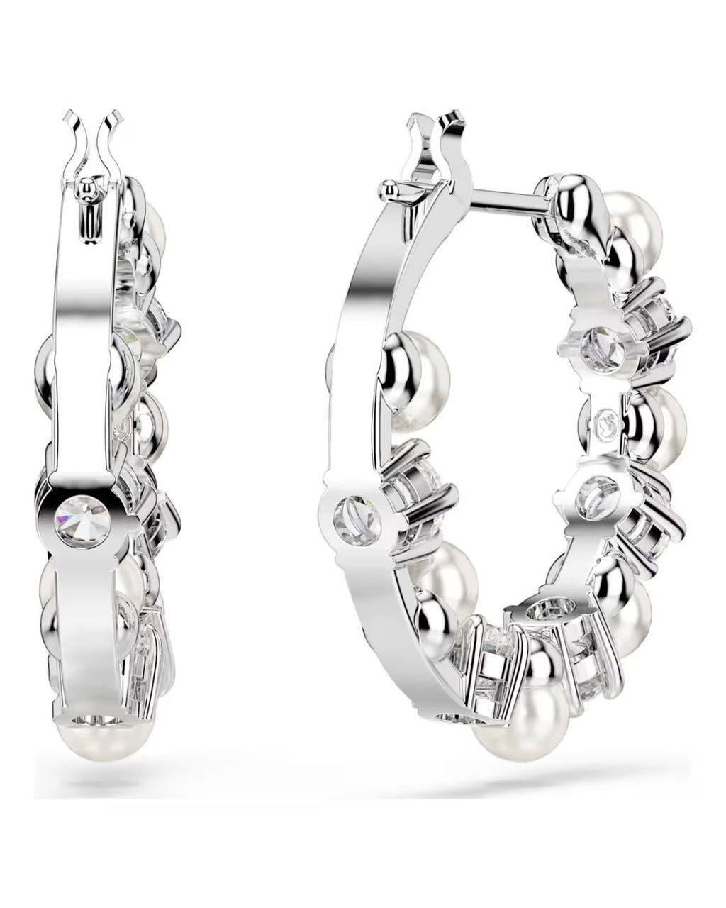 Matrix hoop earrings Crystal pearl, Round cut, White, Rhodium plated 5709256