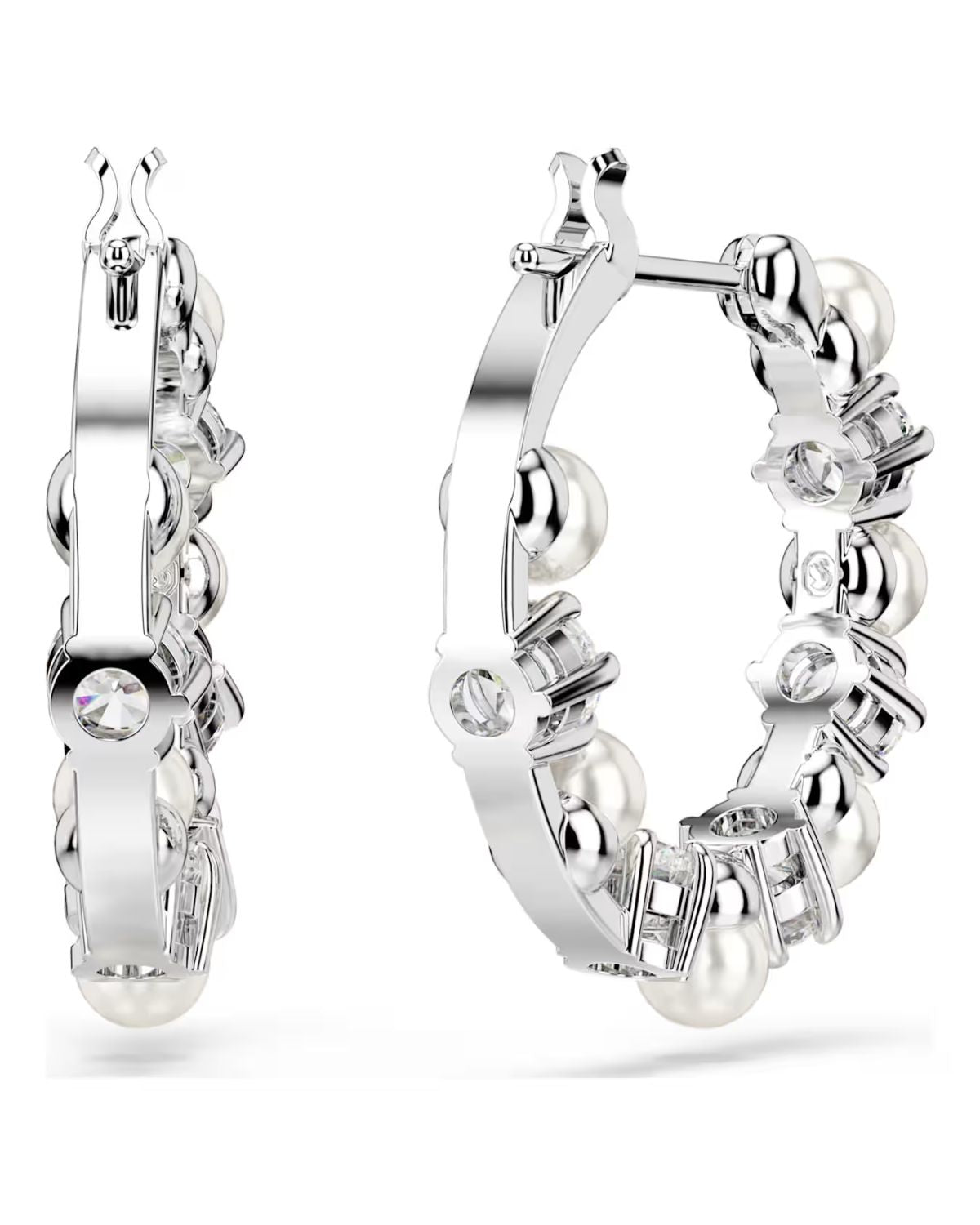 Matrix hoop earrings Crystal pearl, Round cut, White, Rhodium plated 5709256