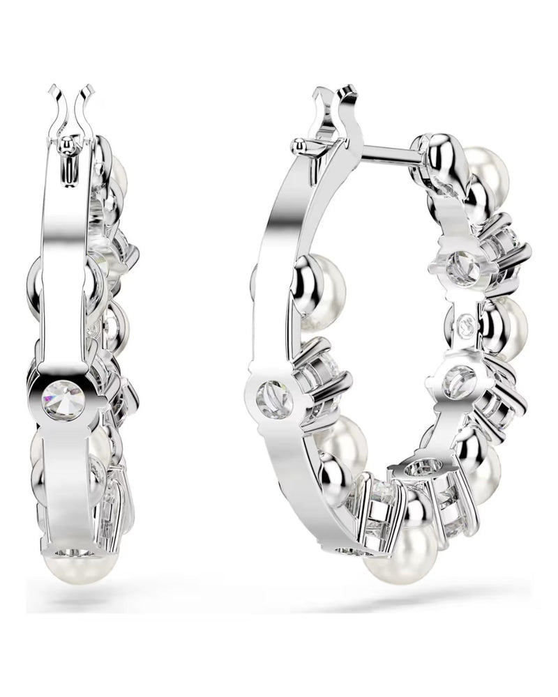 Matrix hoop earrings Crystal pearl, Round cut, White, Rhodium plated