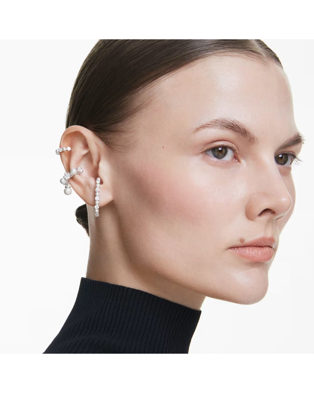 Matrix ear cuff Set (3), Crystal pearl, Round cut, White, Rhodium plated 5691715