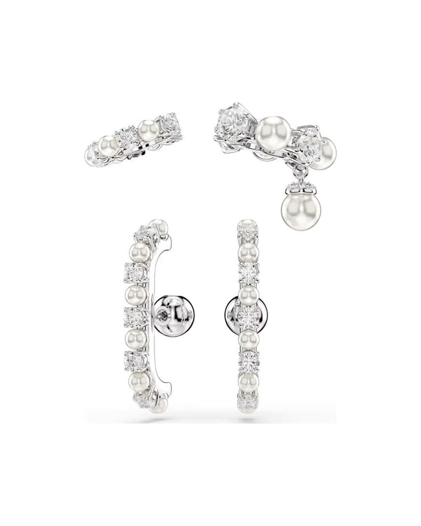 Matrix ear cuff Set (3), Crystal pearl, Round cut, White, Rhodium plated