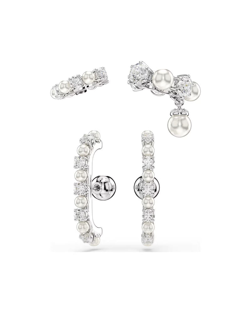 Matrix ear cuff Set (3), Crystal pearl, Round cut, White, Rhodium plated
