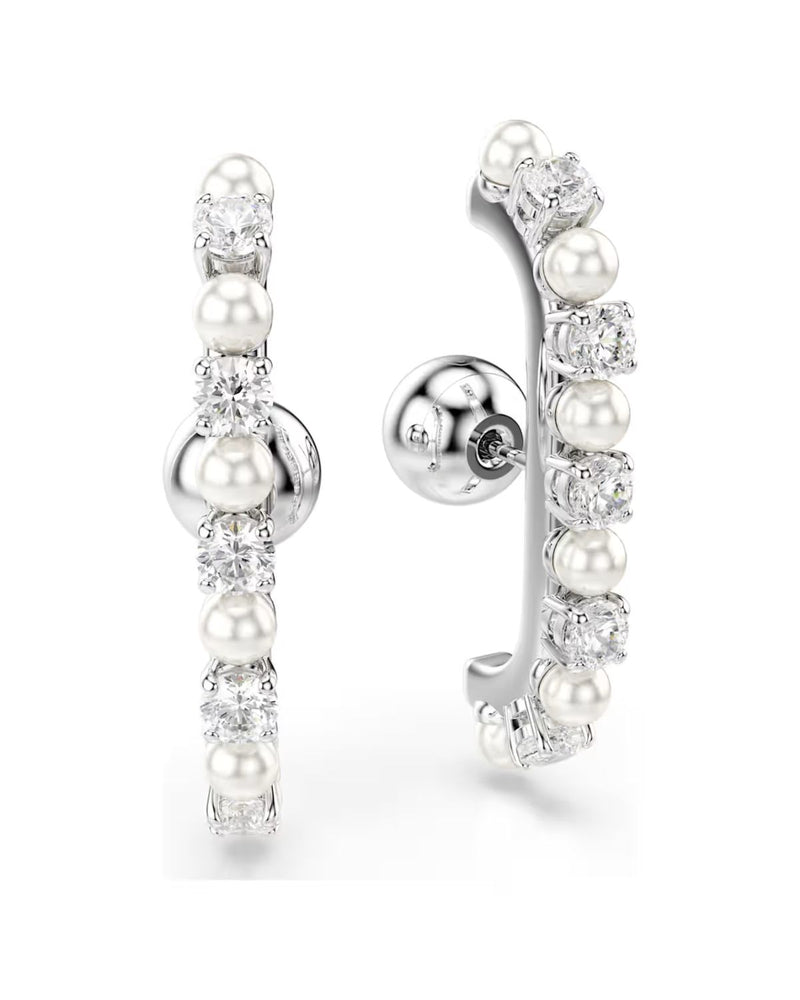 Matrix ear cuff Set (3), Crystal pearl, Round cut, White, Rhodium plated