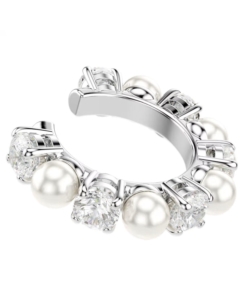 Matrix ear cuff Set (3), Crystal pearl, Round cut, White, Rhodium plated