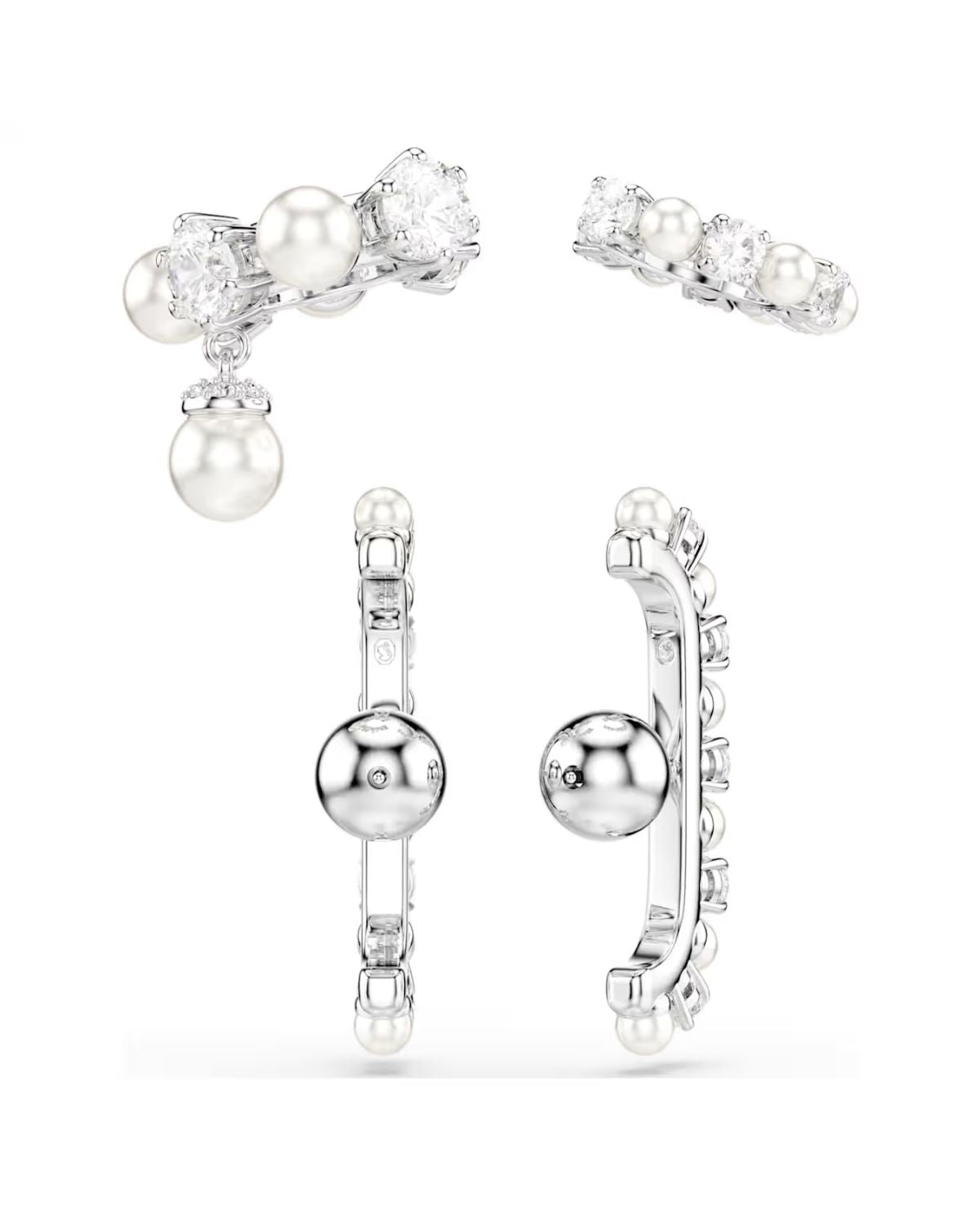 Matrix ear cuff Set (3), Crystal pearl, Round cut, White, Rhodium plated 5691715