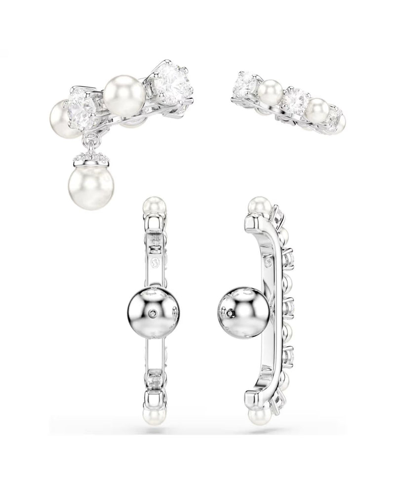 Matrix ear cuff Set (3), Crystal pearl, Round cut, White, Rhodium plated