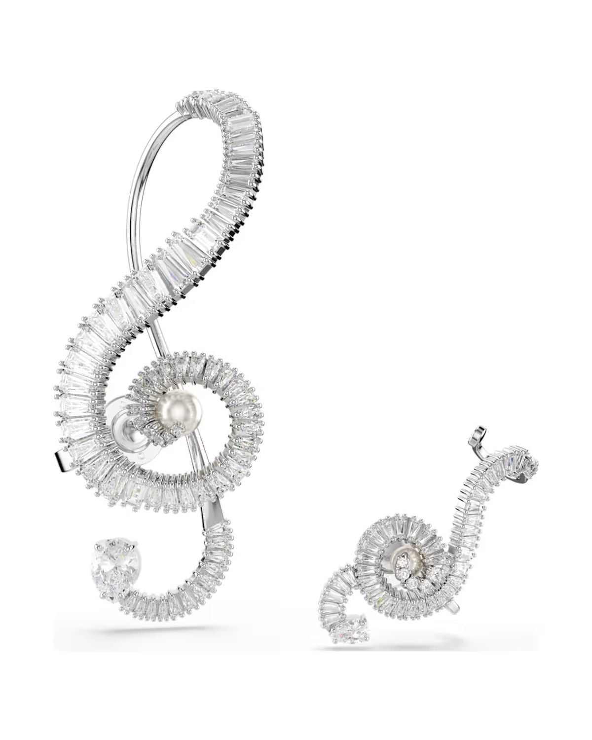 Ariana Grande x Swarovski clip earrings Asymmetrical design, Crystal pearl, Baguette cut, White, Rhodium plated 5720866