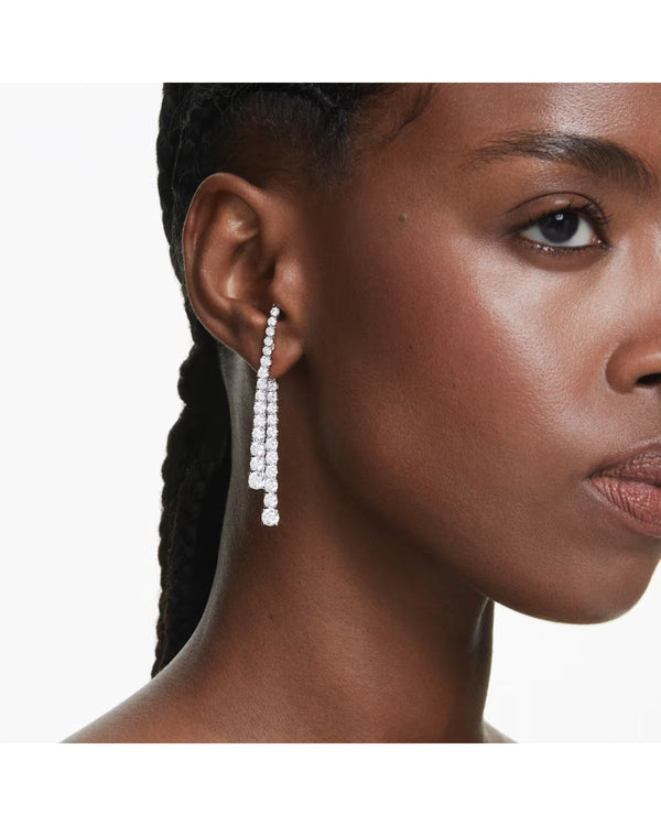Matrix drop earrings Gradient of round cuts, White, Rhodium plated