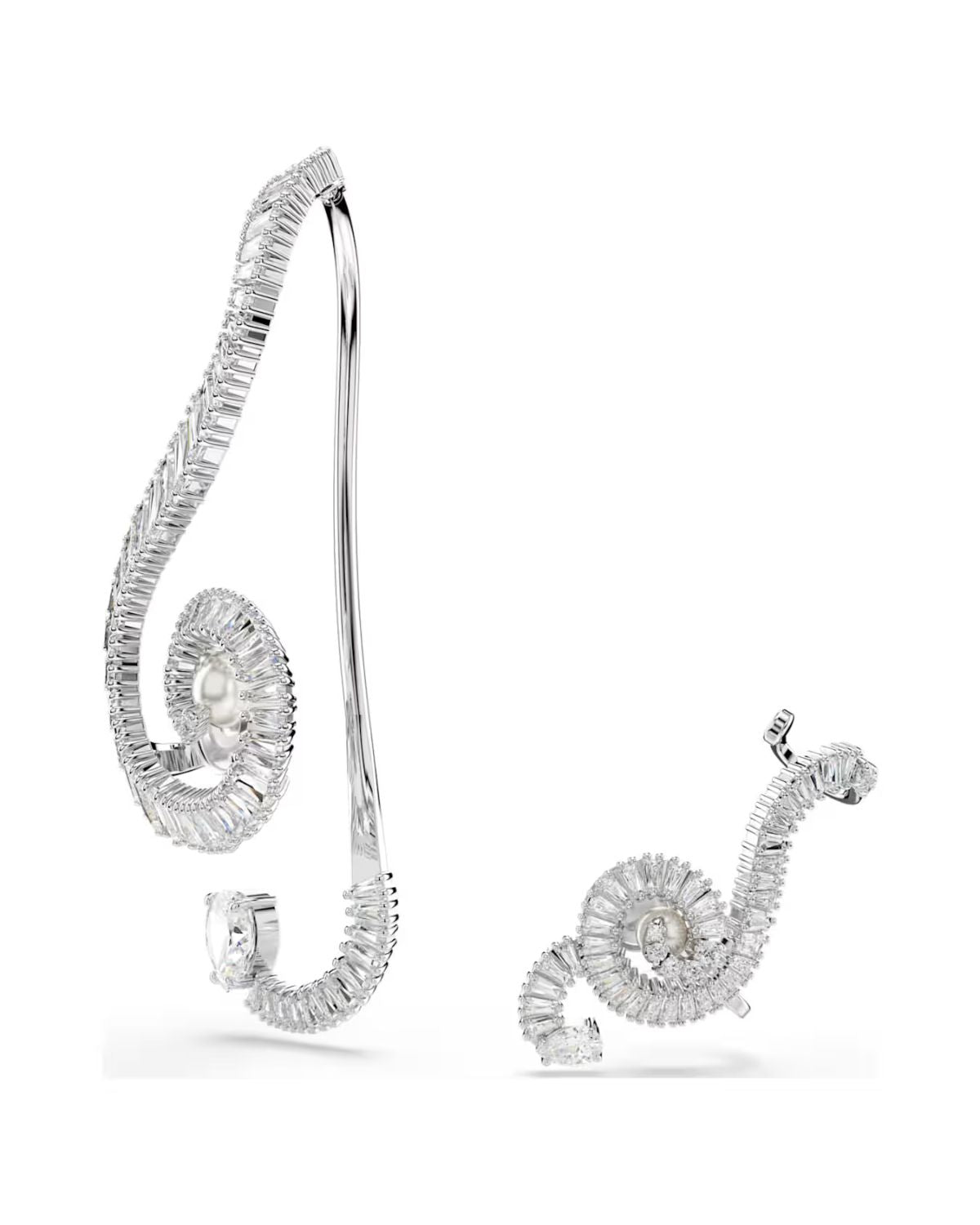 Ariana Grande x Swarovski clip earrings Asymmetrical design, Crystal pearl, Baguette cut, White, Rhodium plated 5720866