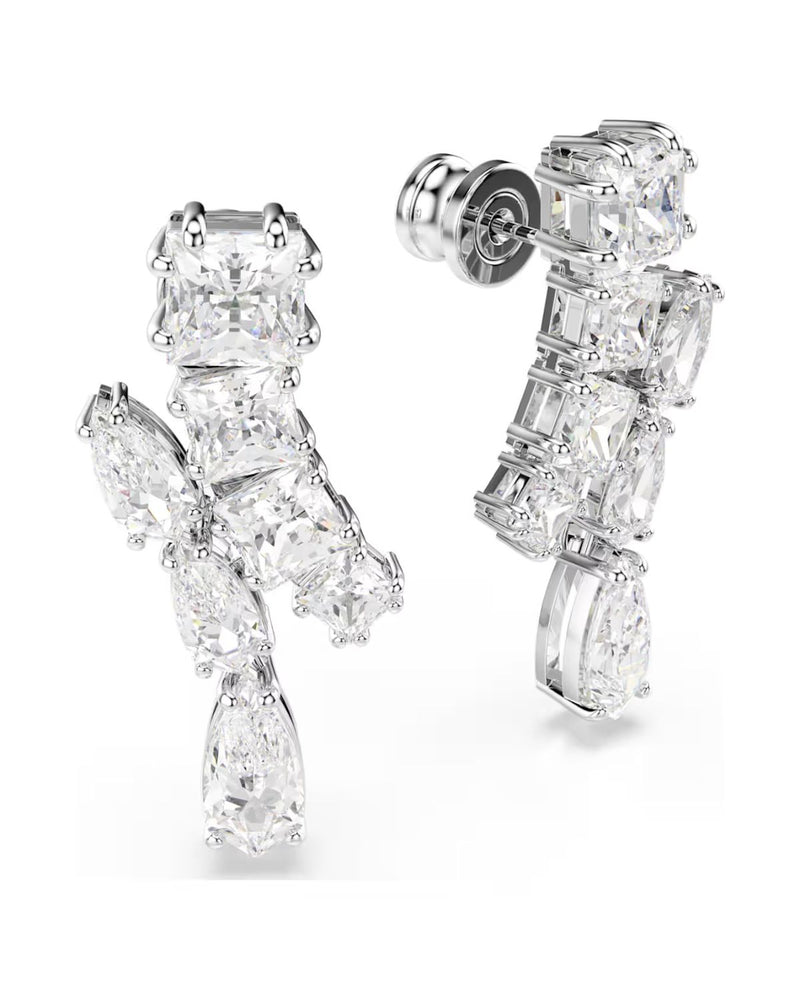 Matrix drop earrings Mixed cuts, White, Rhodium plated