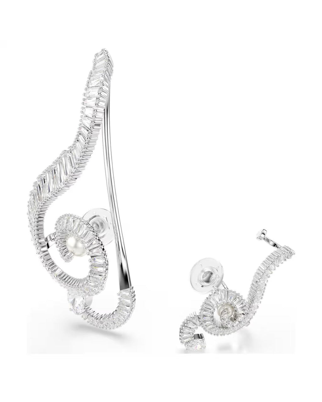 Ariana Grande x Swarovski clip earrings Asymmetrical design, Crystal pearl, Baguette cut, White, Rhodium plated 5720866