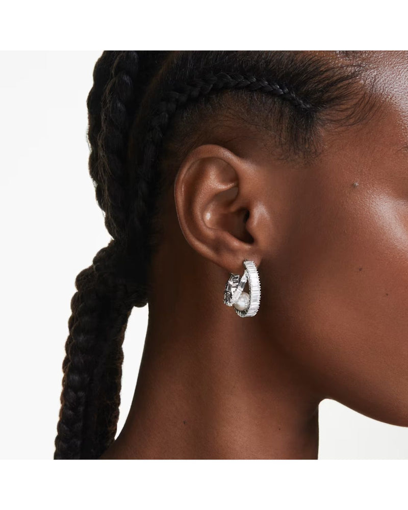 Ariana Grande x Swarovski hoop earrings Crystal pearl, Baguette cut, White, Rhodium plated