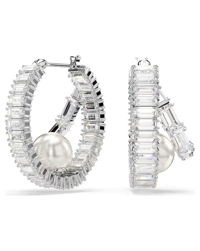 Ariana Grande x Swarovski hoop earrings Crystal pearl, Baguette cut, White, Rhodium plated