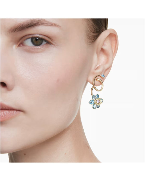 Idyllia drop earrings Asymmetrical design, Mixed cuts, Flower, Multicoloured, Gold-tone plated